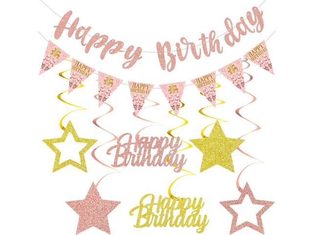 Pink Rose Gold Birthday Decorations for Girls Women, Happy Birthday Banner Stars Hanging Swirls Happy Bday Decoration Party Supplies Sign