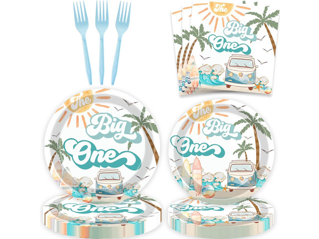 80 Pcs Summer Beach The Big One Tableware Boy Surfing 1st Birthday Paper Dinner Plates Napkins Forks Dinnerware for Surf Board Sun Retro Van Wave...