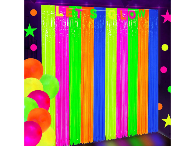2 Pack Neon Foil Fringe Curtains Glow in The Dark Tinsel Streamers Fluorescent Macaron Foil Fringe Backdrop Neon Party Photo Booth Prop for Glow...