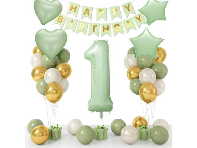 1st Birthday Decoration for Boys Girls,Sage Green White Gold 1st Birthday Balloon with 40 Inch Number 1 Balloon Heart Star Balloons Happy Birthday.