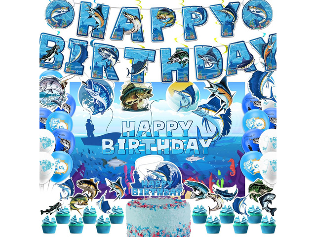 Gone Fishing Birthday Party Decorations Fishing Party Supplies Includes Gone Fishing Birthday Banner Hanging Swirls Background Cake Topper Cupcake...