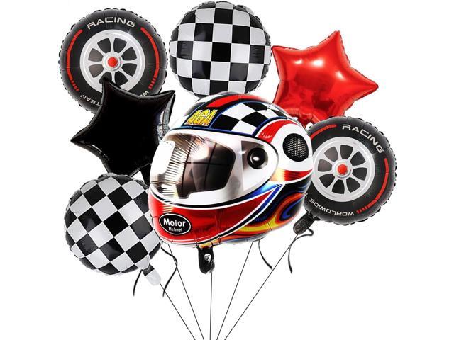 Race Car Helmet Balloons, Wheels Tire Birthday Party Supplies, Black and White Foil Checkered Balloons, Boys Bicycle Motorcycle Truck Theme Party.