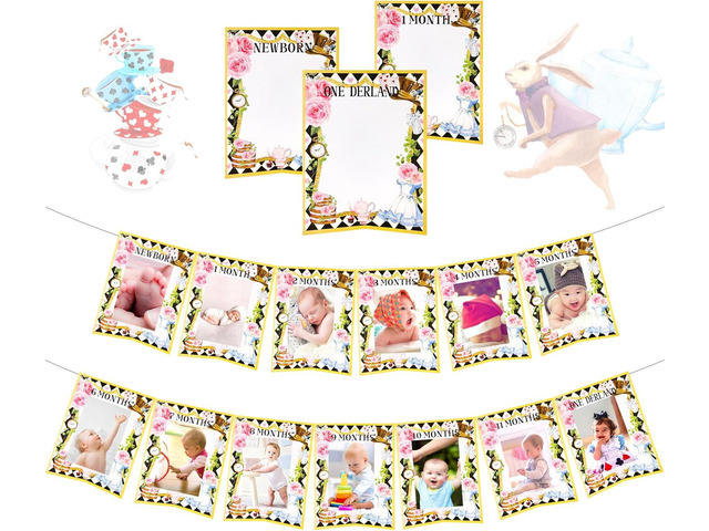 LaVenty Alice in Onederland 1st Birthday Decoration High Chair Banner 12 Months Photo Banner Alice in Onederland 1st Birthday Backdrop
