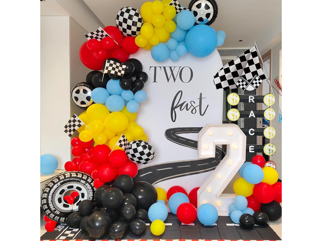 Race Car Birthday Party Balloons Arch Kit,179pcs Race Car Party Decorations Red yellow black and blue & Checkered Flag & Wheels Foil Balloon for...