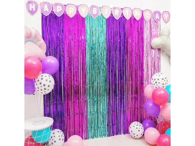 Pink Paw Puppy Patrol Birthday Decorations for Girls, 2 Pack Pinky Paw Party Photo Booth Prop, Purple Pink Teal Fringe Curtains Photo Streamers...