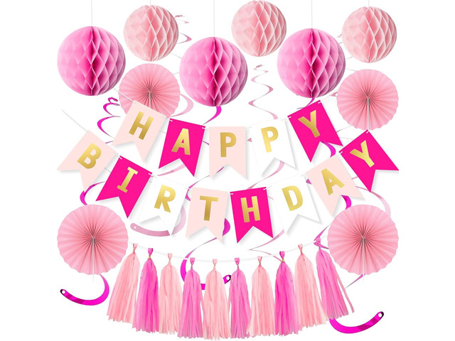 Pink Birthday Decorations Set for Women Girls Happy Birthday Banner Honeycomb Balls Paper Fans Hanging Swirl Streamers Tassels Complete Pink...