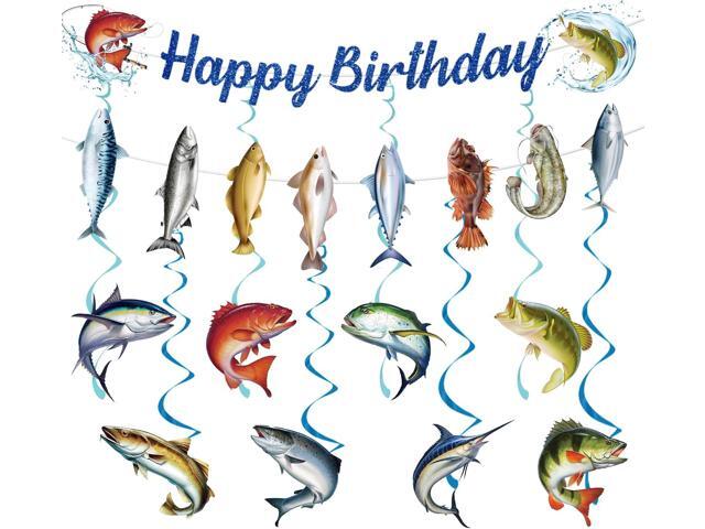 Fishing Birthday Party Decorations Include Happy Birthday Fishing Banner and Hanging Swirl Fish Theme Party Supplies