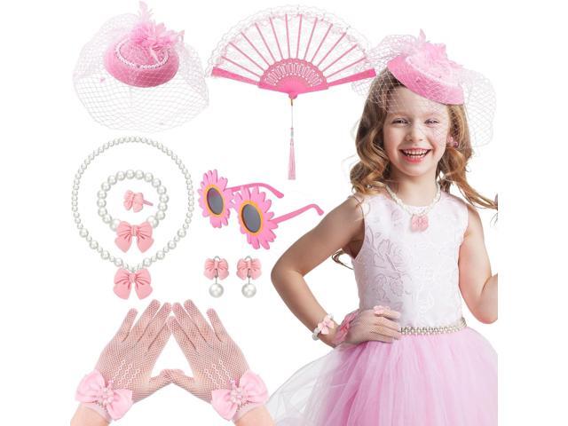 Jenaai 8 Pcs Girls Tea Party Supplies Tea Party Gloves Hats Necklace Fan for Girls Halloween Costume (Pink)