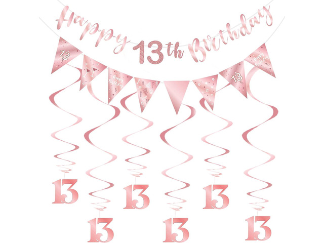 Rose Gold 13th Birthday Decoration for Girls, Happy 13th Birthday Banner Bunting Swirls, Triangle Flag Banner for 13 Birthday Party Decorations...