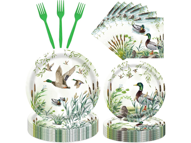 One Lucky Duck Party Supplies 96PCS Mallard Duck Plates and Napkins Tableware Set Includes 9'' and 7'' Plates Napkins Forks Hunting Themed Baby...