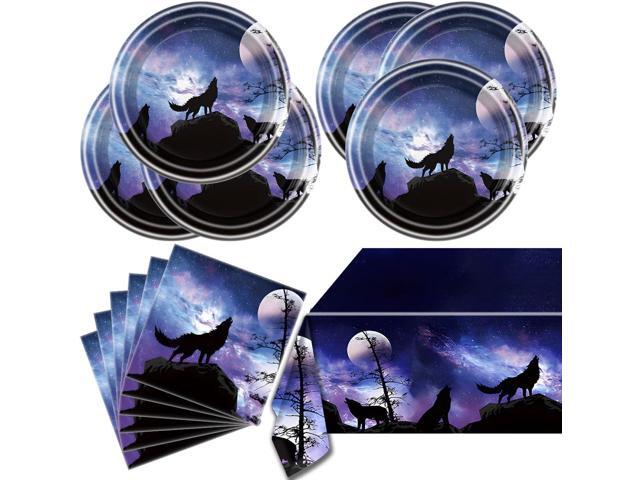 Wolf Birthday Party Tableware Set,20 Plates and 20 Napkins and Tablecloth 86 '' x 51 '', Wolf Animal Party Decorate Supplies