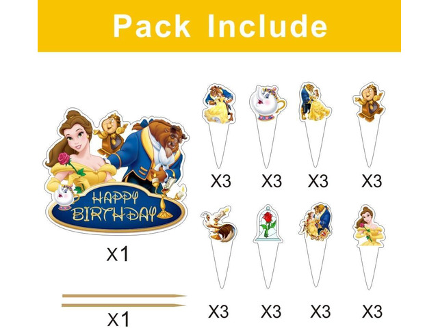 25Pcs Beauty & Beast Cake Decorations with 24pcs Cupcake Toppers 1pcs Cake Topper for Girls Birthday Party Supplies
