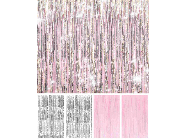 Pastel Pink and Silver Foil Fringe Curtains - 4 Pack Party Backdrop Decorations for Birthday, Bachelorette, Valentine's Day Celebrations