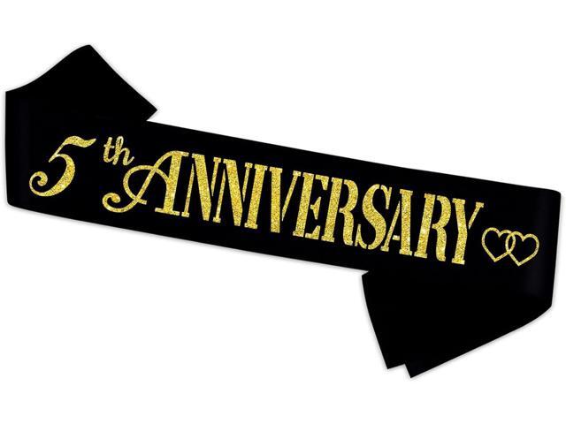 5th Anniversary Sash – Perfect for Happy 5th Wedding Anniversary Party Decors – Soft Black Sash with Gold Foil – 5 Year 5th Anniversary Party.