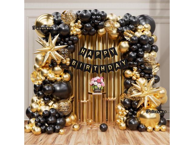 141Pcs Black and Gold Balloon Arch Kit with Happy Birthday Banner for Black and Gold Party Decorations, Graduation, Retirement, Masquerade Party.