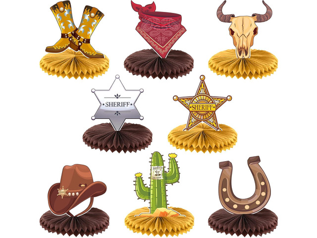 Crtiin 8 Pcs Cowboy Party Decorations Western Themed Birthday Party Decorations Wild West Cowboy Honeycomb Centerpieces for Tables 3D Theme Decor...