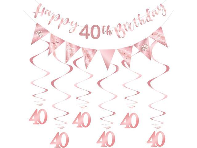 Rose Gold 40th Birthday Decoration for Girls, Happy 40th Birthday Banner Bunting Swirls, Triangle Flag Banner for 40 Birthday Party Decorations.