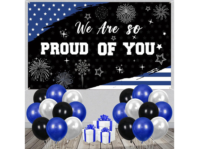 Police Party Decorations We Are So Proud Of You Backdrop Banner with 14Pcs Latex Balloons Black White and Blue American Flag Police Theme Party...