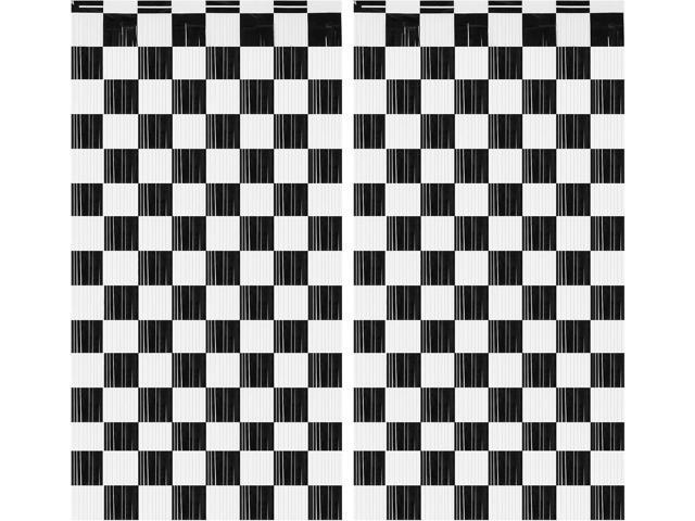 PintreeLand 2PCS Race Car Foil Fringe Curtains 3.28x6.56 Ft, Black and White Checkered Party Backdrop Streamers Decorations, Photo Booth Props