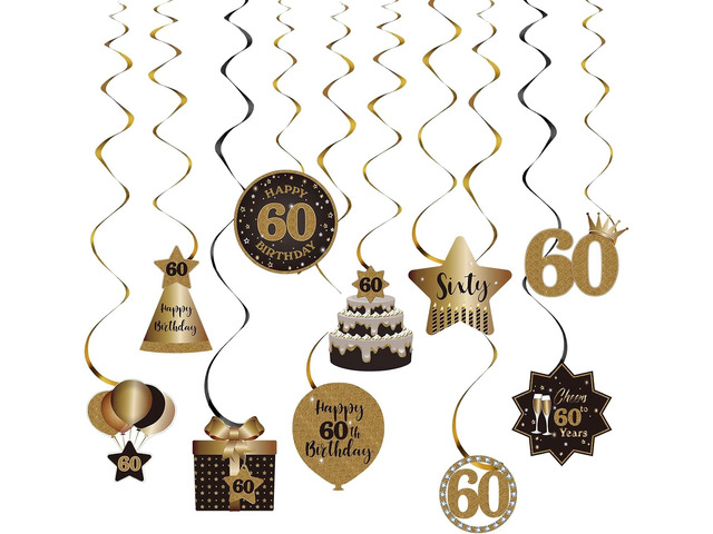 Happy 60th Birthday Party Hanging Swirls Streams Ceiling Decorations, Celebration 60 Foil Hanging Swirls with Cutouts for 60 Years Old Black and...