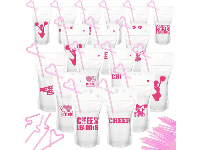 Willinglong 24 Pcs Cheerleading Drink Pouches with Straws Cheerleading Party Supplies Favors Drink Pouches with Straws for Cheer Team Party