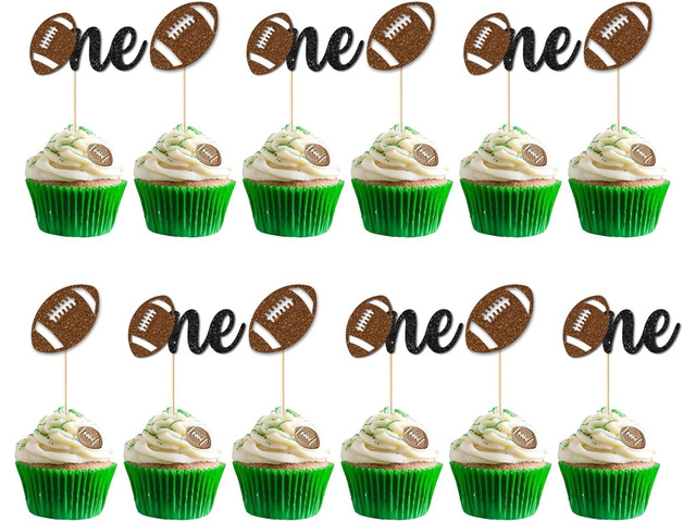 24PC Football 1st Birthday Cupcake Toppers for Baby Boy,Glitter Sports Football One Cupcake Toppers for First Down Birthday Party Decorations Supplies