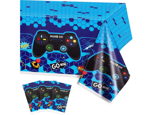 PHOGARY 3 Pack Video Game Tablecloth Blue Video Game Table Cover Geek Theme Birthday Party Decorations Supplies for Kids Player, 108 x 54 Inches