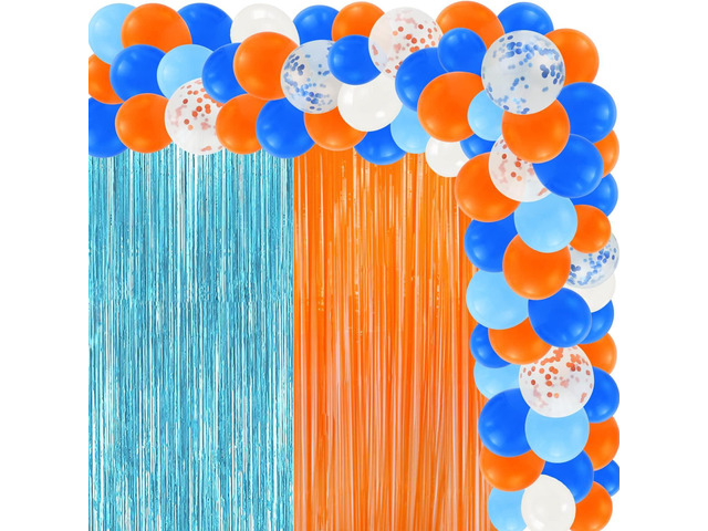 120 Pcs Blue and Orange Party Balloons Garland Kit for Party Decorations with Foil Metallic Fringe Curtains Dart War Party Supplies Blue and Orange...