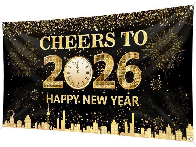 2026 Happy New Year Background Banner 78 x 43 Inch Large Size Black Background Banners New Year Eve Party Decorations Supplies for Party...