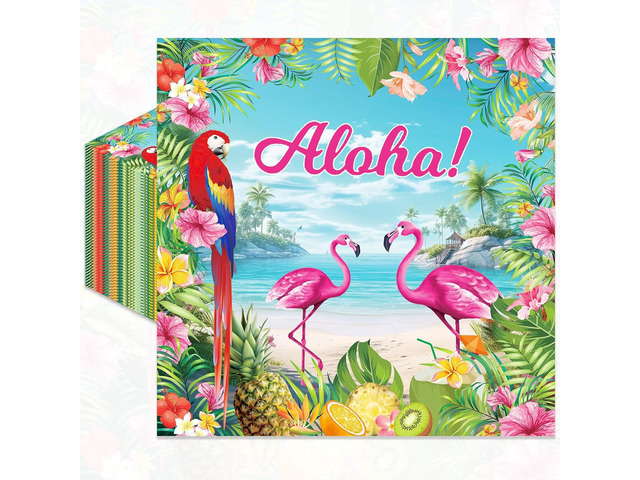 Pack of 50, Tropical Aloha Paper Napkins, Colorful Flamingo Parrot Design, Hawaiian Themed Disposable Cocktail Napkin for Luau, Beach, and...