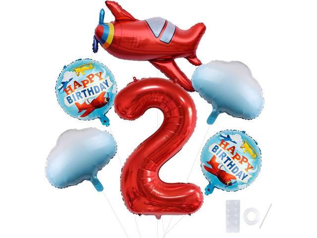 HXOUSE 6Pcs Extra Large Airplane Balloon Set for 2rd Birthday Decorations - Flying Themed Party Supplies with Blue Sky, White Cloud & 40' Red...