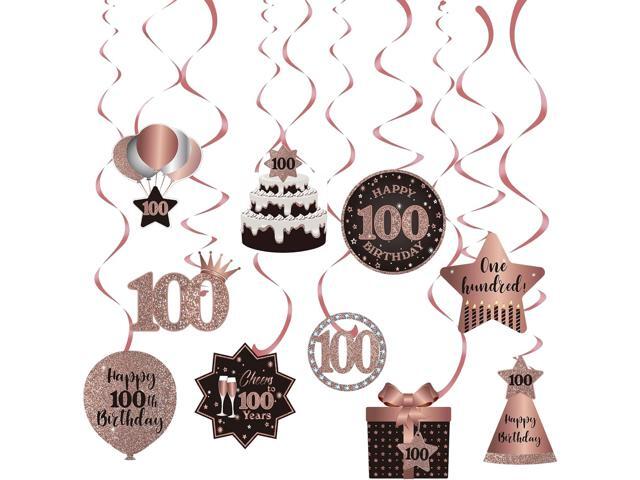 Happy 100th Birthday Party Hanging Swirls Streams Ceiling Decorations, Celebration 100 Foil Hanging Swirls with Cutouts for 100 Years Old Rose Gold.