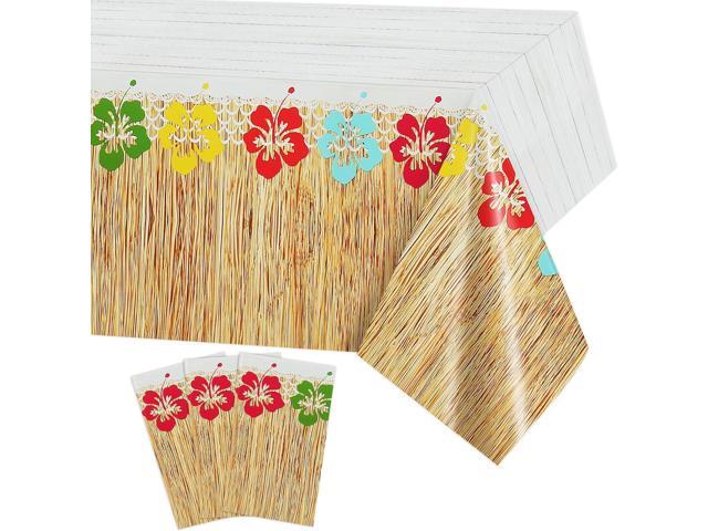 PHOGARY 3 Pieces Hawaiian Luau Party Tablecloth Grass Skirt Tablecloths Wood Grain Flowers Plastic Table Covers Waterproof Table Cloth for Hawaii.