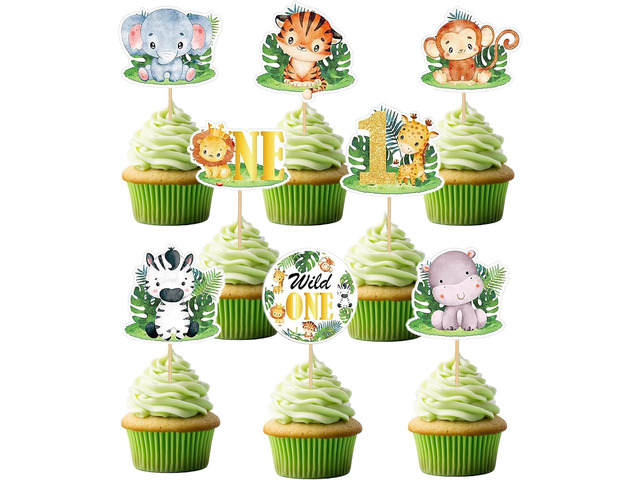 48-Piece Wild One Jungle Safari Cupcake Toppers Baby 1st Birthday Cake Picks for Boy & Girl Party Supplies