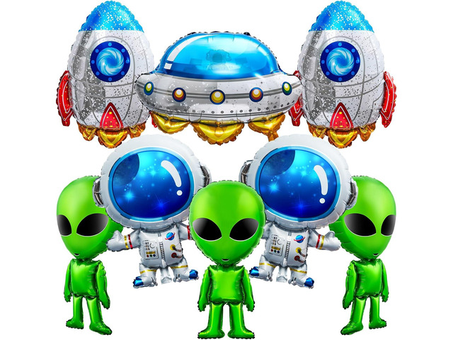 Jenaai 8 Pcs 31.5 Inch Inflatable Alien Balloons Alien Party Decorations Astronaut Rocket UFO Foil Balloons for Space Theme Party Birthday Photo...