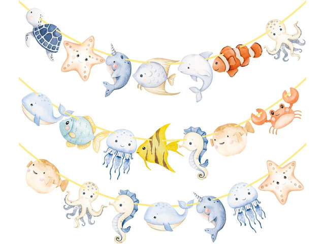 Ocean Animal Banners 2Pcs Sea Animals Birthday Party Cutout Banners Ocean Theme Party Decorations for Under The Sea Baby Shower Supplies