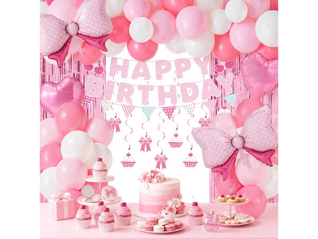 JOYIN Pink Cute Birthday Party Decoration, 76PCS Pink Party Supplies with Banner, Foil & Latex Balloons, Spiral Swirls and Tinsel Curtains for...