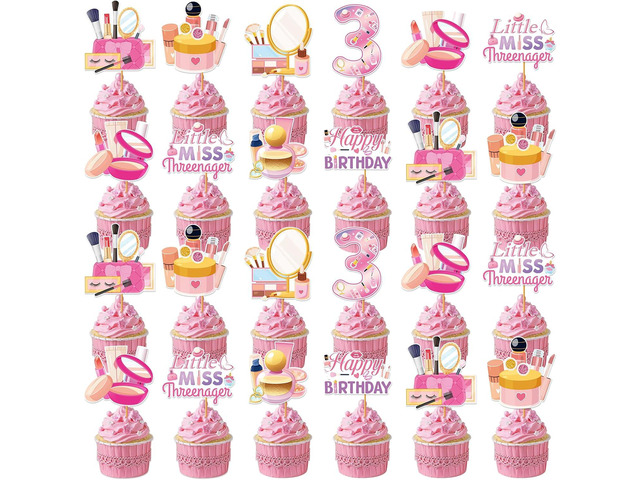 Little Miss Threenager Birthday Decorations - 40 Pcs Makeup 3rd Birthday Cupcake Toppers for Girl, Pink Cosmetics Theme Cup Cake Topper, Happy 3...