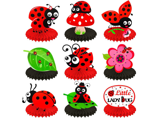 9Pcs Little Ladybug Party Table Decoration Honeycomb Centerpieces for Girls' Birthday Party Supplies and Baby Shower