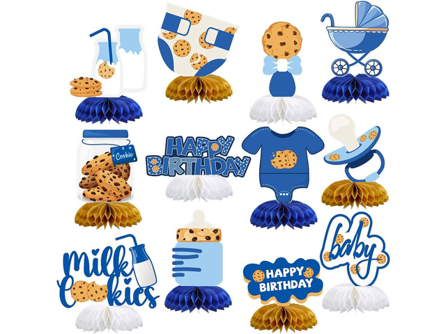 12 Pcs Milk Cookies Baby Shower Honeycomb Centerpieces Blue Milk and Cookie Happy 1st Birthday Party Photo Booth Props for Gender Reveal Party...