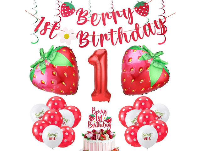 27 Pcs Berry First Birthday Decor, Sweet One Party Decorations Strawberry Hanging Banner Swirl Cake Topper for Baby Girls Party Supplies