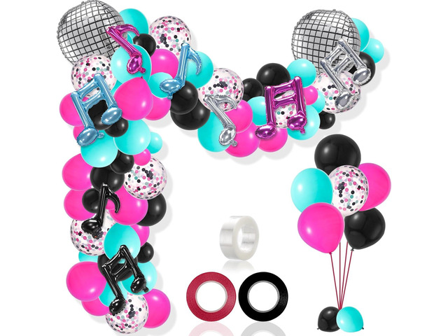 140 Pcs Music Balloon Arch Kit, Karaoke Music Note Balloon Birthday Arch Party Decorations Supplies Disco Ball Balloon Rose Red Blue Black Latex...