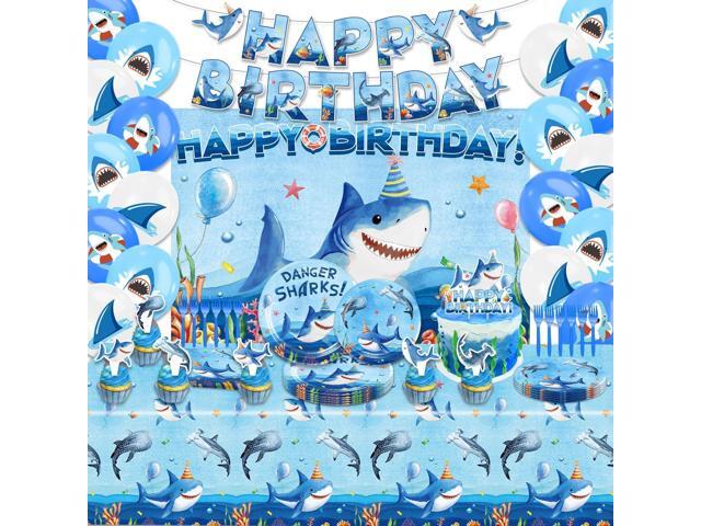 Shark Birthday Party Decorations, Shark Party Supplies with Birthday Banner, Backdrop, Tablecloth, Balloons, Plates, Napkins, Forks, Cake Topper,.