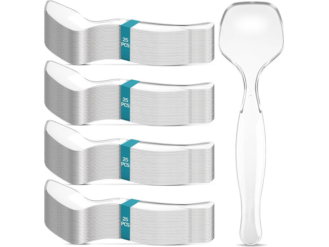 LemonRoad 100 Pack Plastic Serving Spoons for Buffet, Clear Plastic Serving Utensils for Hot and Cold Food, Large Heavy Duty Disposable Utensils...