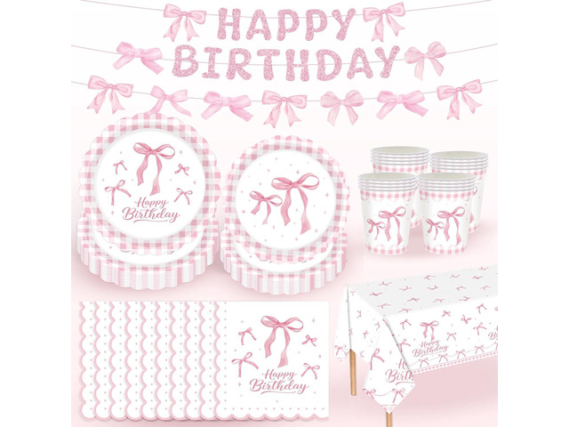 Pink Bow Plates and Napkins Girls Birthday Party Decor, Coquette Birthday Party Bow Paper Plates Including Paper Plate and Napkins Cups Tablecloth...