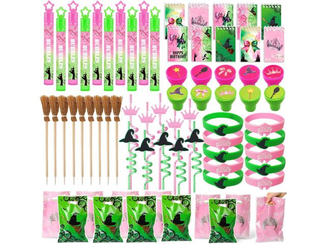 Pink and Green Party Favor Decorations 70Pcs Bubbles Notebooks Stamps Broom Pencils Plastic Straws Goodie Bags Wristbands for Birthday Theme Decor...
