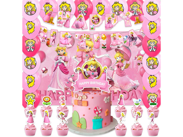 42pcs Princess Peach Birthday Party Supplies Pack IncludesBannerCake TopperBlackdrop,Balloons for Princess Peach party supplies