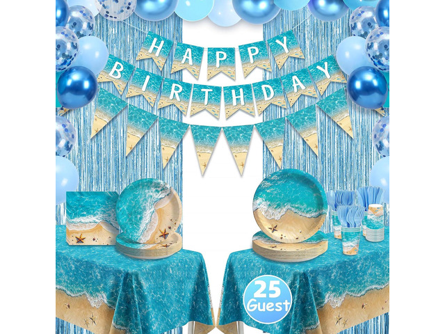Beach Birthday Party Decorations, Beach Party Supplies, Plates and Napkins Sets [300 GSM], Tablecloths, Fringe Curtains, Banner, Ocean Themed Party...