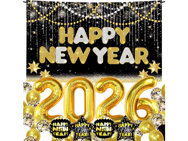 KatchOn, Huge New Years Decorations 2026 Set - Pack of 44 Gold and Black Happy New Year Banner, 2026 Balloon Numbers New Years Balloons for NYE...
