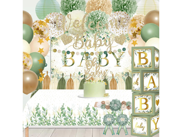 Sage Green Baby Shower Decorations Gender Neutral Baby Shower Decorations Welcome Baby Banner Sage Green Balloons Paper Lanterns Pom Tablecloth...
